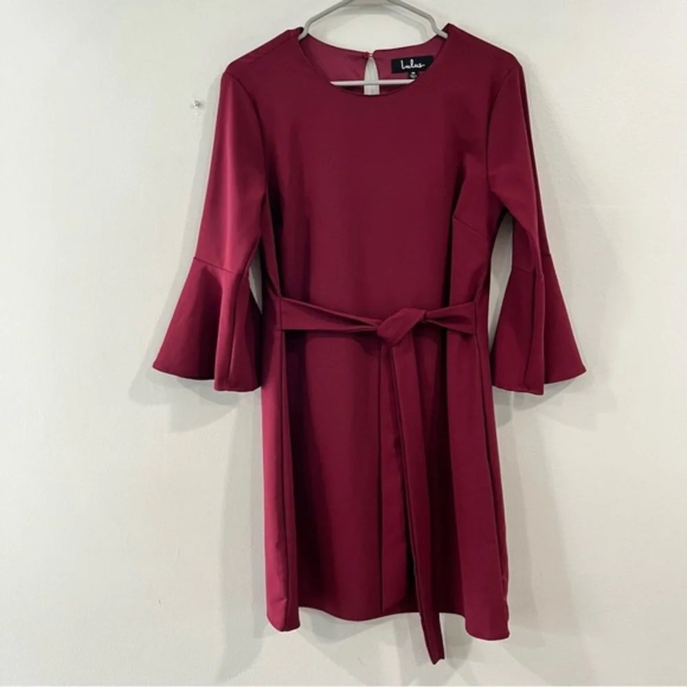 Lulus Last Love Song Burgundy Tie Waist‎ 3/4 Bell Sleeve Dress MEDIUM